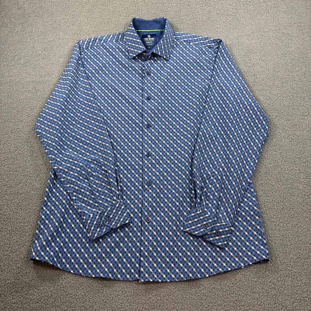 Tom Baine Shirt Mens XL Blue Geometric Performance Slim Fit 4-Way Stretch 8229